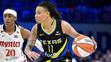 Jun 28, 2025; Arlington, Texas, USA; Dallas Wings guard JJ Quinerly (11) in action during the game between the Dallas Wings and the Washington Mystics at College Park Center. Mandatory Credit: Jerome Miron-Imagn Images