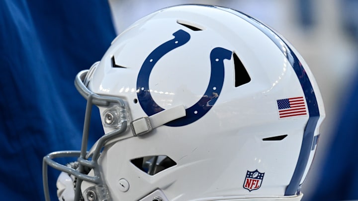 Dec 1, 2024; Foxborough, Massachusetts, USA; An Indianapolis Colts helmet sits on an equipment case during the first half against the New England Patriots at Gillette Stadium. Dec 1, 2024; Foxborough, Massachusetts, USA; An Indianapolis Colts helmet sits on an equipment case during the first half against the New England Patriots at Gillette Stadium.