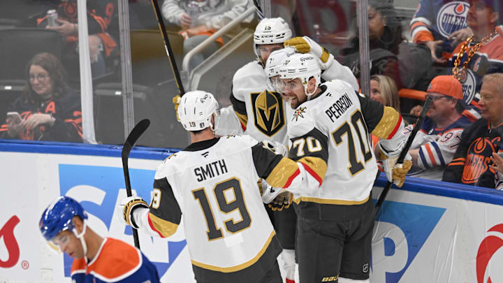 May 10, 2025; Edmonton, Alberta, CAN; Vegas Golden Knights right winger Reilly Smith (19) and left winger Tanner Pearson (70) celebrate a goal on Edmonton Oilers goalie Stuart Skinner (74) during the second period in game three of the second round of the 2025 Stanley Cup Playoffs at Rogers Place. Mandatory Credit: Walter Tychnowicz-Imagn Images