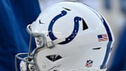 Dec 1, 2024; Foxborough, Massachusetts, USA; An Indianapolis Colts helmet sits on an equipment case during the first half against the New England Patriots at Gillette Stadium. 