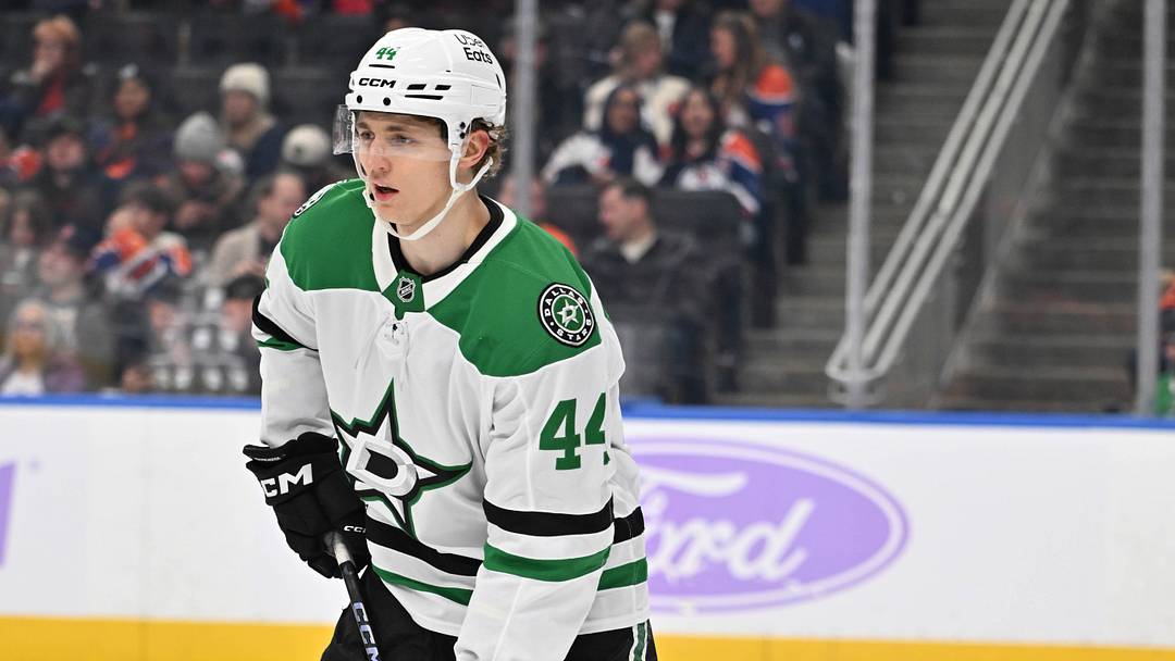 Dallas Stars defenceman Vladislav Kolyachonok (44) is seen out on the ice as the Edmonton Oilers take on the Dallas Stars during the third period at Rogers Place. Mandatory Credit: Walter Tychnowicz-Imagn Images