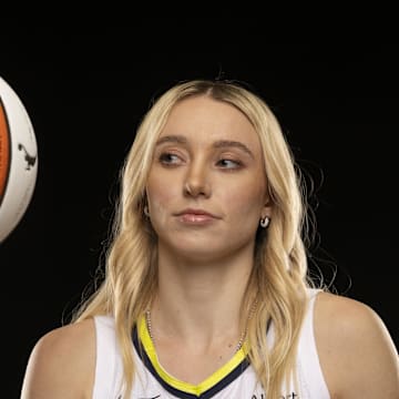 May 7, 2025; Arlington, TX, USA; Dallas Wings guard Paige Bueckers poses for a photo during the 2025 Dallas Wings Media Day. Mandatory Credit: Jerome Miron-Imagn Images
