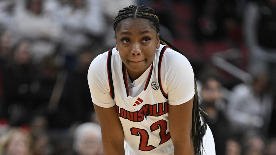 Dec 4, 2025; Louisville, Kentucky, USA; Louisville Cardinals guard Tajianna Roberts (22) watches during the closing seconds of the second half against the South Carolina Gamecocks at KFC Yum! Center. South Carolina defeated Louisville 79-77. Mandatory Credit: Jamie Rhodes-Imagn Images