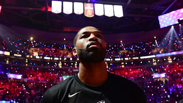 May 5, 2024; Cleveland, Ohio, USA; Cleveland Cavaliers center Tristan Thompson (13) listens to the national anthem before the game between the Cavaliers and the Orlando Magic at  game seven of the first round for the 2024 NBA playoffs at Rocket Mortgage FieldHouse. Mandatory Credit: Ken Blaze-Imagn Images