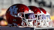 Detailed view of a Houston Cougars helmet at Mountain America Stadium.