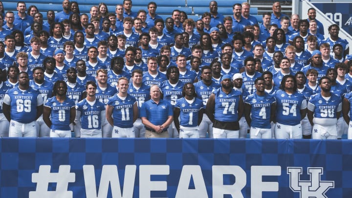 The 2024 Kentucky football team pose for a photo at Kroger Field during Media Day, Friday. August 2, 2024 in Lexington.