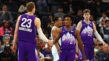 Jan 25, 2025; Memphis, Tennessee, USA; Utah Jazz guard Collin Sexton (2) reacts with forward Lauri Markkanen (23) during the second quarter against the Memphis Grizzlies at FedExForum. Mandatory Credit: Petre Thomas-Imagn Images
