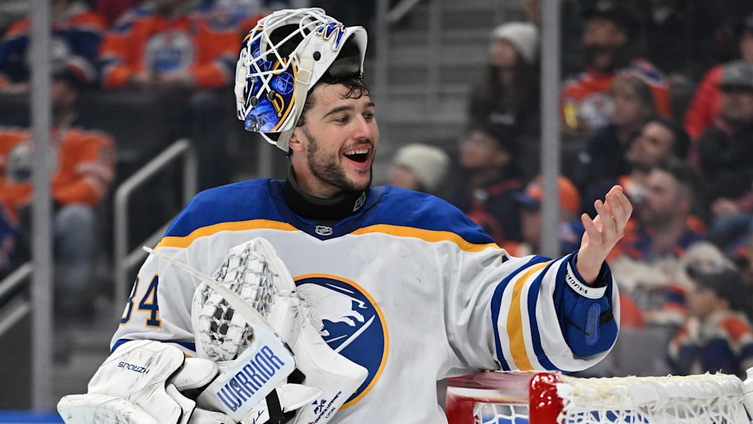 Dec 9, 2025; Edmonton, Alberta, CAN; Buffalo Sabres goalie Alex Lyon (34) is seen out on the ice as the Edmonton Oilers take on the Buffalo Sabres during the third period at Rogers Place. Mandatory Credit: Walter Tychnowicz-Imagn Images