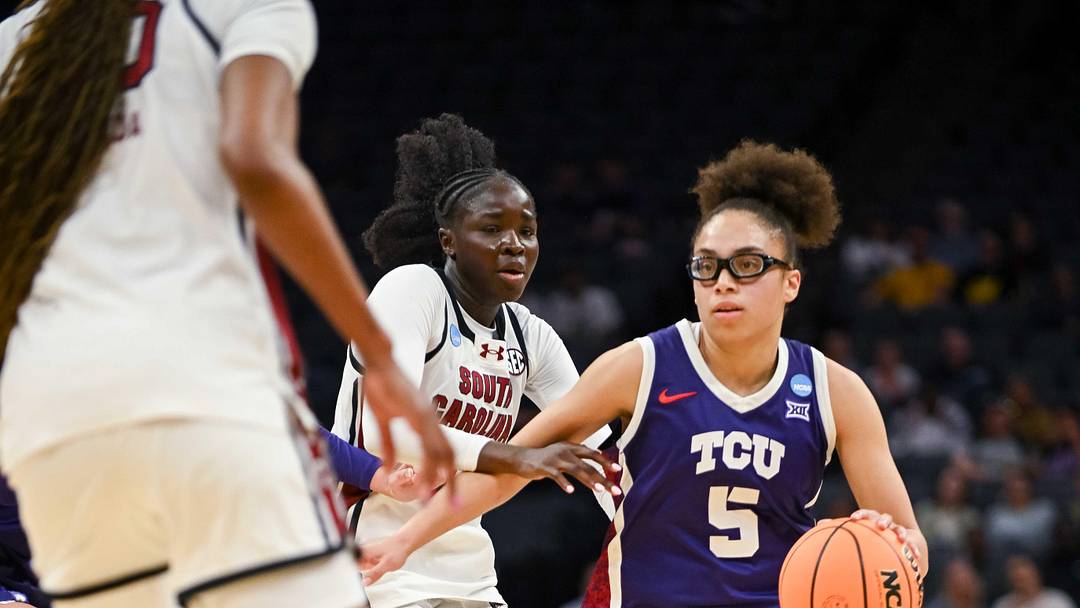 Mar 30, 2026; Sacramento, CA, USA;  Texas Christian University Horned Frogs guard Olivia Miles (5) drives to the basket against the South Carolina Gamecocks in an Elite Eight game in the Sacramento Regional 4 of the women's 2026 NCAA Tournament at the Golden 1 Center. Mandatory Credit: Ed Szczepanski-Imagn Images