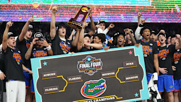Florida Gators players celebrate after defeating the Houston Cougars in the 2025 NCAA Tournament national championship game