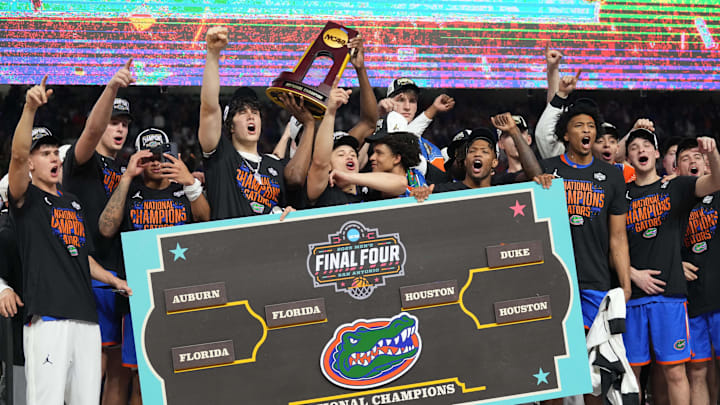 Florida Gators players celebrate after defeating the Houston Cougars in the 2025 NCAA Tournament national championship game