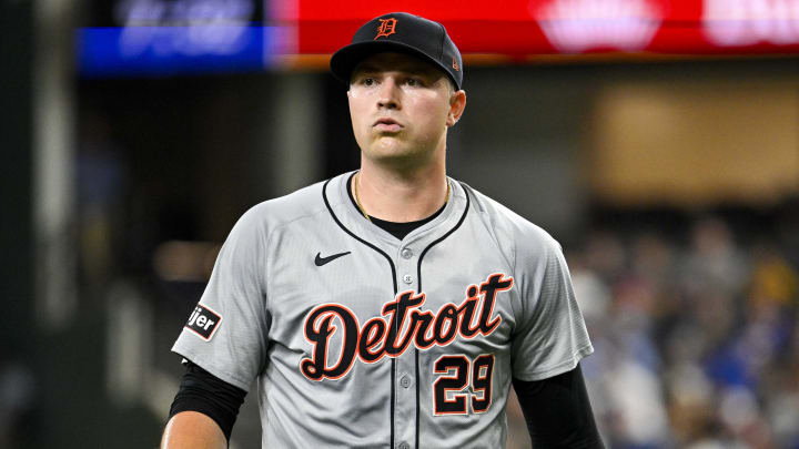 Jun 3, 2024; Arlington, Texas, USA; Detroit Tigers starting pitcher Tarik Skubal (29) comes off the field after he pitches against the Texas Rangers during the second inning at Globe Life Field