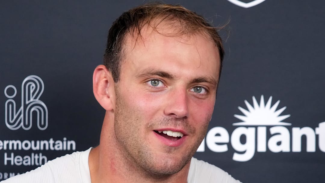 Jul 24, 2025; Henderson, NV, USA; Las Vegas Raiders tight end Brock Bowers during training camp press conference at the Intermountain Healthcare Performance Center. Mandatory Credit: Kirby Lee-Imagn Images