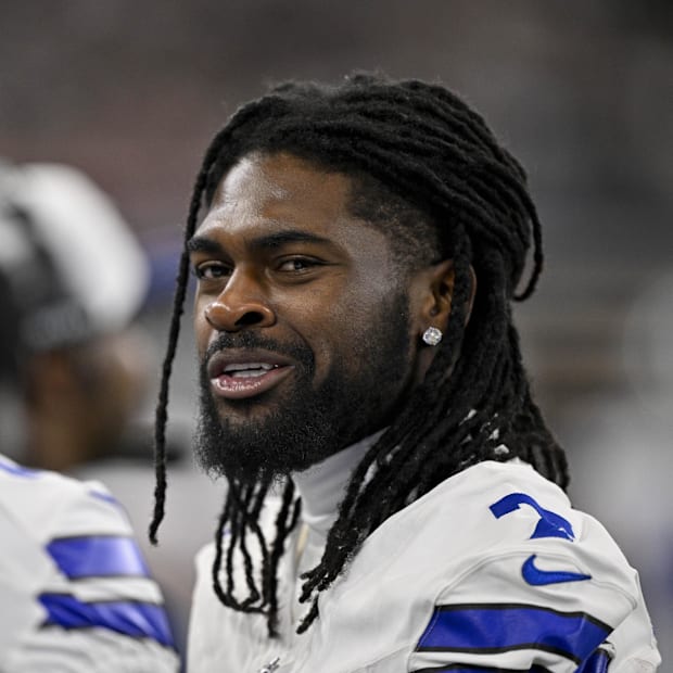 Dallas Cowboys cornerback Trevon Diggs looks on before the game between the Dallas Cowboys and the Baltimore Ravens 