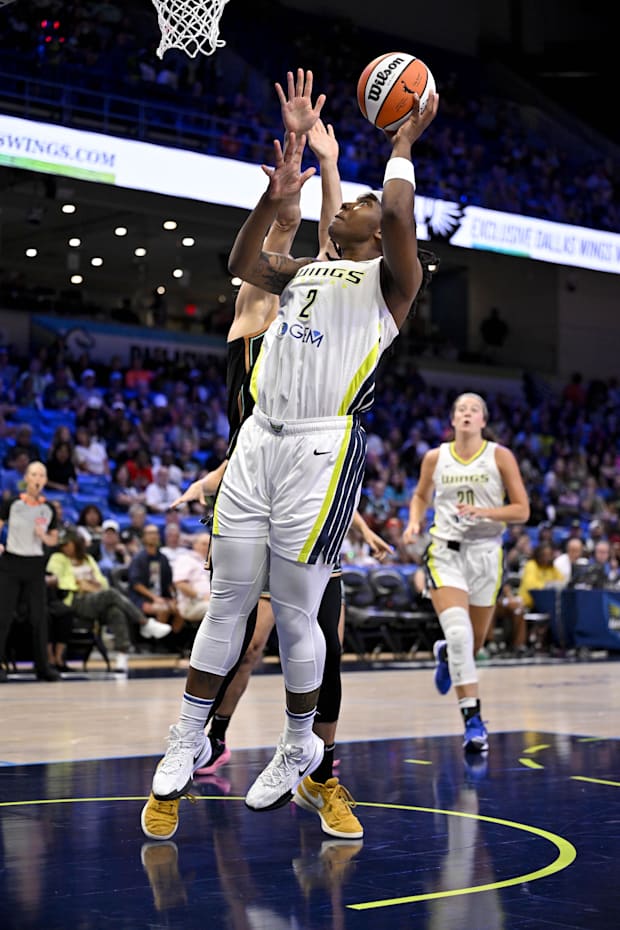 Dallas Wings forward Myisha Hines-Allen makes a jump shot during the second half against the New York Liberty