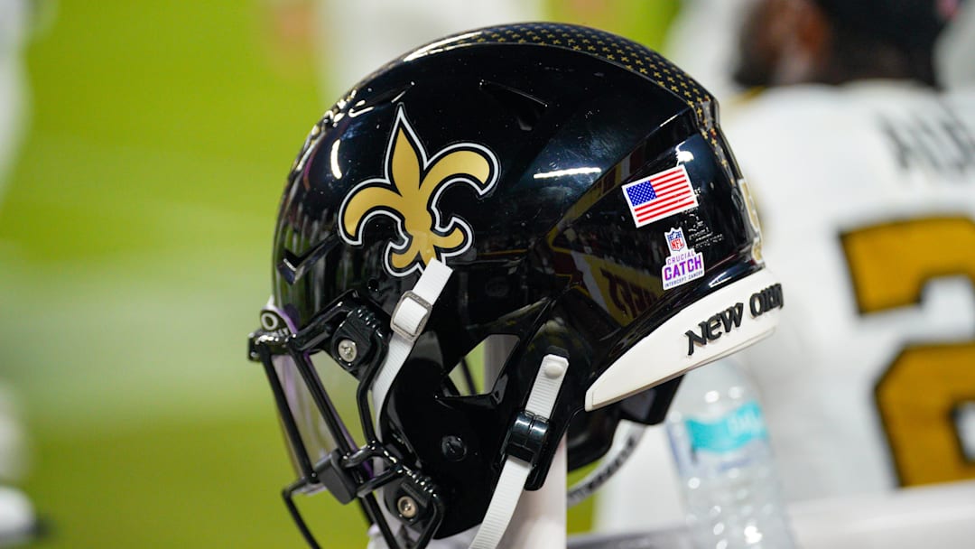 Oct 7, 2024; Kansas City, Missouri, USA; A general view of a New Orleans Saints helmet against the Kansas City Chiefs during the first half at GEHA Field at Arrowhead Stadium. Mandatory Credit: Denny Medley-Imagn Images