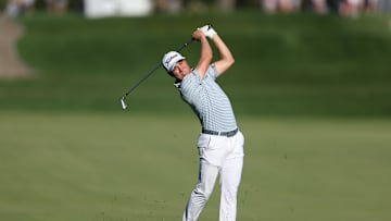 May 10, 2025; Philadelphia, Pennsylvania, USA; Justin Thomas plays a shot on the 18th hole during the third round of the Truist Championship golf tournament. Mandatory Credit: Bill Streicher-Imagn Images