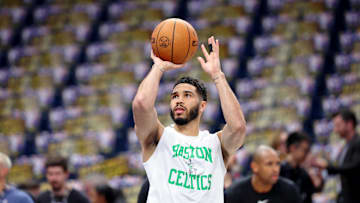 Jun 12, 2024; Dallas, Texas, USA; Boston Celtics forward Jayson Tatum (0) warms up before game three of the 2024 NBA Finals between the Boston Celtics and the Dallas Mavericks at American Airlines Center. Mandatory Credit: Kevin Jairaj-Imagn Images