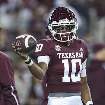 Texas A&M Aggies quarterback Marcel Reed (10) warms up before the game against the Texas Longhorns at Kyle Field.