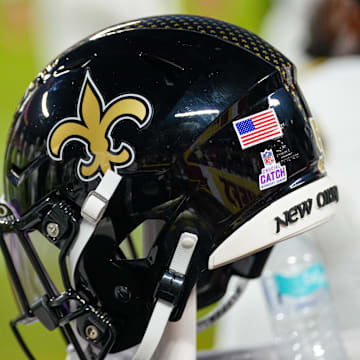 Oct 7, 2024; Kansas City, Missouri, USA; A general view of a New Orleans Saints helmet against the Kansas City Chiefs during the first half at GEHA Field at Arrowhead Stadium. Mandatory Credit: Denny Medley-Imagn Images