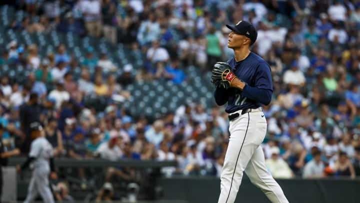 Seattle Mariners starting pitcher Bryan Woo (22) walks to the dugout following the top of the second inning against the Detroit Tigers at T-Mobile Park on Aug 8.