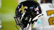 Oct 7, 2024; Kansas City, Missouri, USA; A general view of a New Orleans Saints helmet against the Kansas City Chiefs during the first half at GEHA Field at Arrowhead Stadium. Mandatory Credit: Denny Medley-Imagn Images