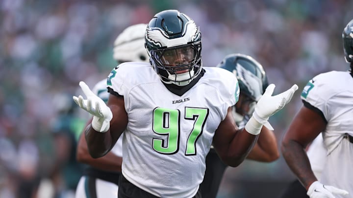 Aug 1, 2024; Philadelphia, PA, USA; Philadelphia Eagles defensive tackle Moro Ojomo (97) reacts during a training camp practice at Lincoln Financial Field. Mandatory Credit: Bill Streicher-Imagn Images