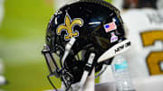 Oct 7, 2024; Kansas City, Missouri, USA; A general view of a New Orleans Saints helmet against the Kansas City Chiefs during the first half at GEHA Field at Arrowhead Stadium. Mandatory Credit: Denny Medley-Imagn Images