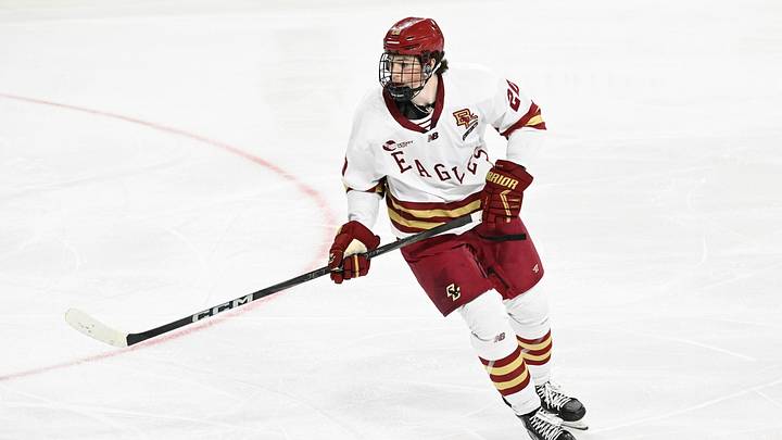 Feb 28, 2025; Chestnut Hill, MA, USA; Boston College forward Dean Letourneau (20) skates against the University of New Hampshire Wildcats during the second period at Conte Forum. Mandatory Credit: Eric Canha-Imagn Images Feb 28, 2025; Chestnut Hill, MA, USA; Boston College forward Dean Letourneau (20) skates against the University of New Hampshire Wildcats during the second period at Conte Forum. Mandatory Credit: Eric Canha-Imagn Images