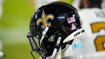 Oct 7, 2024; Kansas City, Missouri, USA; A general view of a New Orleans Saints helmet against the Kansas City Chiefs during the first half at GEHA Field at Arrowhead Stadium. Mandatory Credit: Denny Medley-Imagn Images