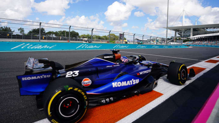 May 3, 2024; Miami Gardens, Florida, USA; Williams driver Alexander Albon (23) races out of turn 17 during F1 Sprint Qualifying at Miami International Autodrome. Mandatory Credit: John David Mercer-USA TODAY Sports