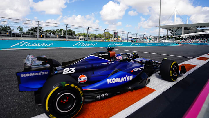 May 3, 2024; Miami Gardens, Florida, USA; Williams driver Alexander Albon (23) races out of turn 17 during F1 Sprint Qualifying at Miami International Autodrome. Mandatory Credit: John David Mercer-Imagn Images