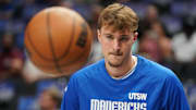 Oct 11, 2025; Dallas, Texas, USA; Dallas Mavericks forward Cooper Flagg (32) warms up prior to a game against the Charlotte Hornets at American Airlines Center. Mandatory Credit: Raymond Carlin III-Imagn Images
