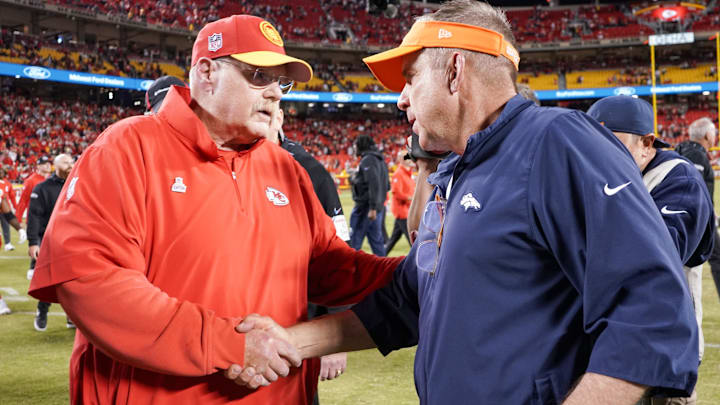 Oct 12, 2023; Kansas City, Missouri, USA; Kansas City Chiefs head coach Andy Reid shakes hands with Denver Broncos head coach Sean Payton after the game at GEHA Field at Arrowhead Stadium.