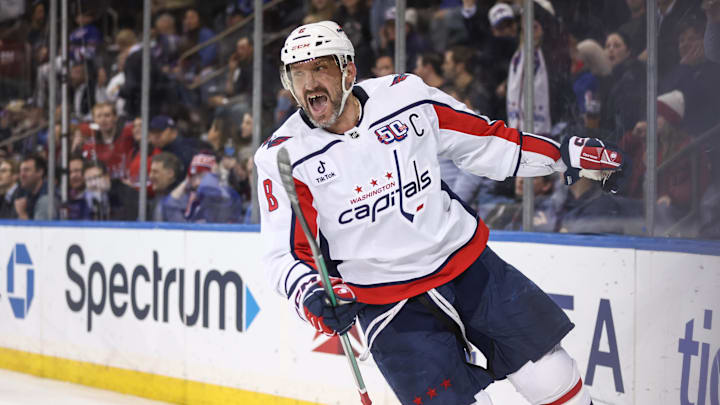 Alex Ovechkin celebrates his 895th career goal. Alex Ovechkin celebrates his 895th career goal.