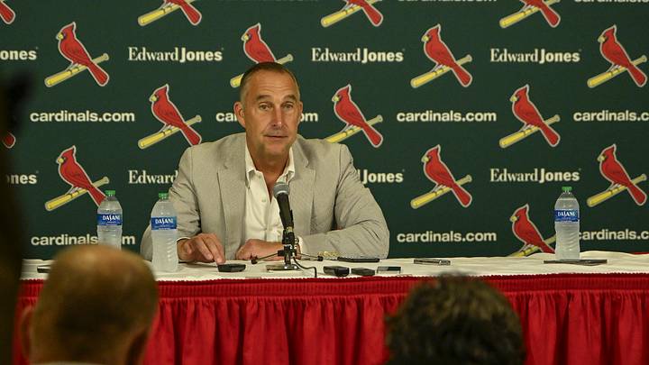 Jul 30, 2023; St. Louis, Missouri, USA;  St. Louis Cardinals president of baseball operations John Mozeliak talks with the media after the Cardinals traded relief pitcher Jordan Hicks (not pictured) starting pitcher Jordan Montgomery (not pictured) and relief pitcher Chris Stratton (not pictured) at Busch Stadium. Mandatory Credit: Jeff Curry-Imagn Images
