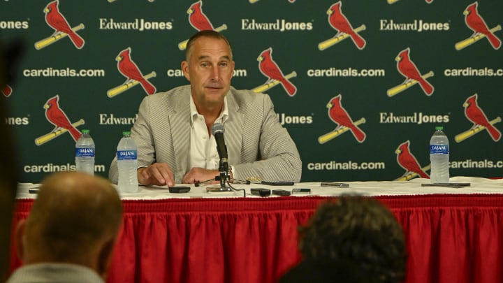 Jul 30, 2023; St. Louis, Missouri, USA;  St. Louis Cardinals president of baseball operations John Mozeliak talks with the media after the Cardinals traded relief pitcher Jordan Hicks (not pictured) starting pitcher Jordan Montgomery (not pictured) and relief pitcher Chris Stratton (not pictured) at Busch Stadium. Mandatory Credit: Jeff Curry-USA TODAY Sports