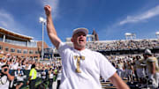 Oct 25, 2025; Atlanta, Georgia, USA; Georgia Tech Yellow Jackets head coach Brent Key celebrates after a victory over the Syracuse Orange at Bobby Dodd Stadium at Hyundai Field. Mandatory Credit: Brett Davis-Imagn Images
