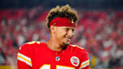 Kansas City Chiefs quarterback Patrick Mahomes (15) speaks with media after the win over the Baltimore Ravens at GEHA Field at Arrowhead Stadium