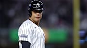 Oct 29, 2024; New York, New York, USA; New York Yankees outfielder Juan Soto (22) on third base during the first inning in game four of the 2024 MLB World Series against the Los Angeles Dodgers at Yankee Stadium. 