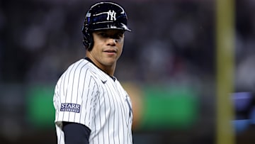 Oct 29, 2024; New York, New York, USA; New York Yankees outfielder Juan Soto (22) on third base during the first inning in game four of the 2024 MLB World Series against the Los Angeles Dodgers at Yankee Stadium. Mandatory Credit: Brad Penner-Imagn Images