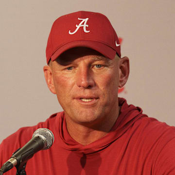 Sep 14, 2024; Madison, Wisconsin, USA;  Alabama Crimson Tide head coach Kalen DeBoer answers questions from the media during the post game press conference  following the game against the Wisconsin Badgers at Camp Randall Stadium. Mandatory Credit: Jeff Hanisch-Imagn Images