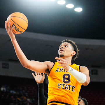 Mar 8, 2025; Tempe, Arizona, USA; Arizona State Sun Devils forward Basheer Jihad (8) goes for a lay up during the second half at Desert Financial Arena. Mandatory Credit: Arianna Grainey-Imagn Images