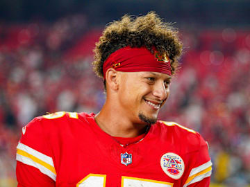 Kansas City Chiefs quarterback Patrick Mahomes (15) speaks with media after the win over the Baltimore Ravens at GEHA Field at Arrowhead Stadium