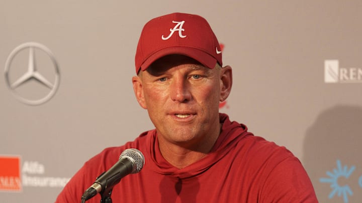 Sep 14, 2024; Madison, Wisconsin, USA;  Alabama Crimson Tide head coach Kalen DeBoer answers questions from the media during the post game press conference  following the game against the Wisconsin Badgers at Camp Randall Stadium. Mandatory Credit: Jeff Hanisch-Imagn Images