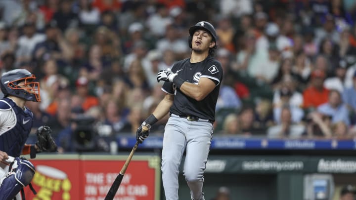 Aug 17, 2024; Houston, Texas, USA; Chicago White Sox shortstop Nicky Lopez (8) reacts after striking out during the eighth inning against the Houston Astros at Minute Maid Park.