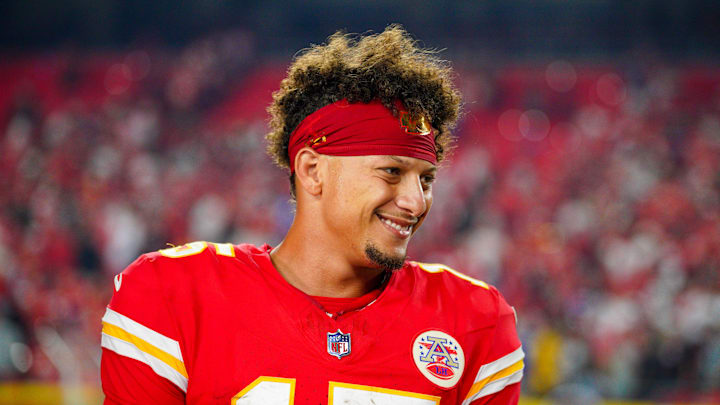 Sep 5, 2024; Kansas City, Missouri, USA; Kansas City Chiefs quarterback Patrick Mahomes (15) speaks with media after the win over the Baltimore Ravens at GEHA Field at Arrowhead Stadium.