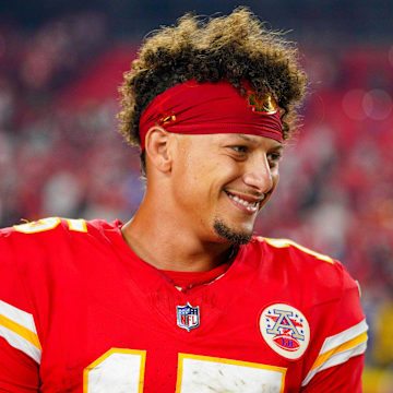 Sep 5, 2024; Kansas City, Missouri, USA; Kansas City Chiefs quarterback Patrick Mahomes (15) speaks with media after the win over the Baltimore Ravens at GEHA Field at Arrowhead Stadium. Mandatory Credit: Denny Medley-Imagn Images