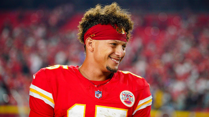 Sep 5, 2024; Kansas City, Missouri, USA; Kansas City Chiefs quarterback Patrick Mahomes (15) speaks with media after the win over the Baltimore Ravens at GEHA Field at Arrowhead Stadium. Mandatory Credit: Denny Medley-Imagn Images