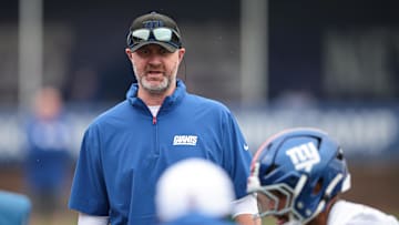 Jul 24, 2024; East Rutherford, NJ, USA; New York Giants defensive coordinator Shane Bowen looks on during training camp at Quest Diagnostics Training Facility. Mandatory Credit: Vincent Carchietta-Imagn Images
